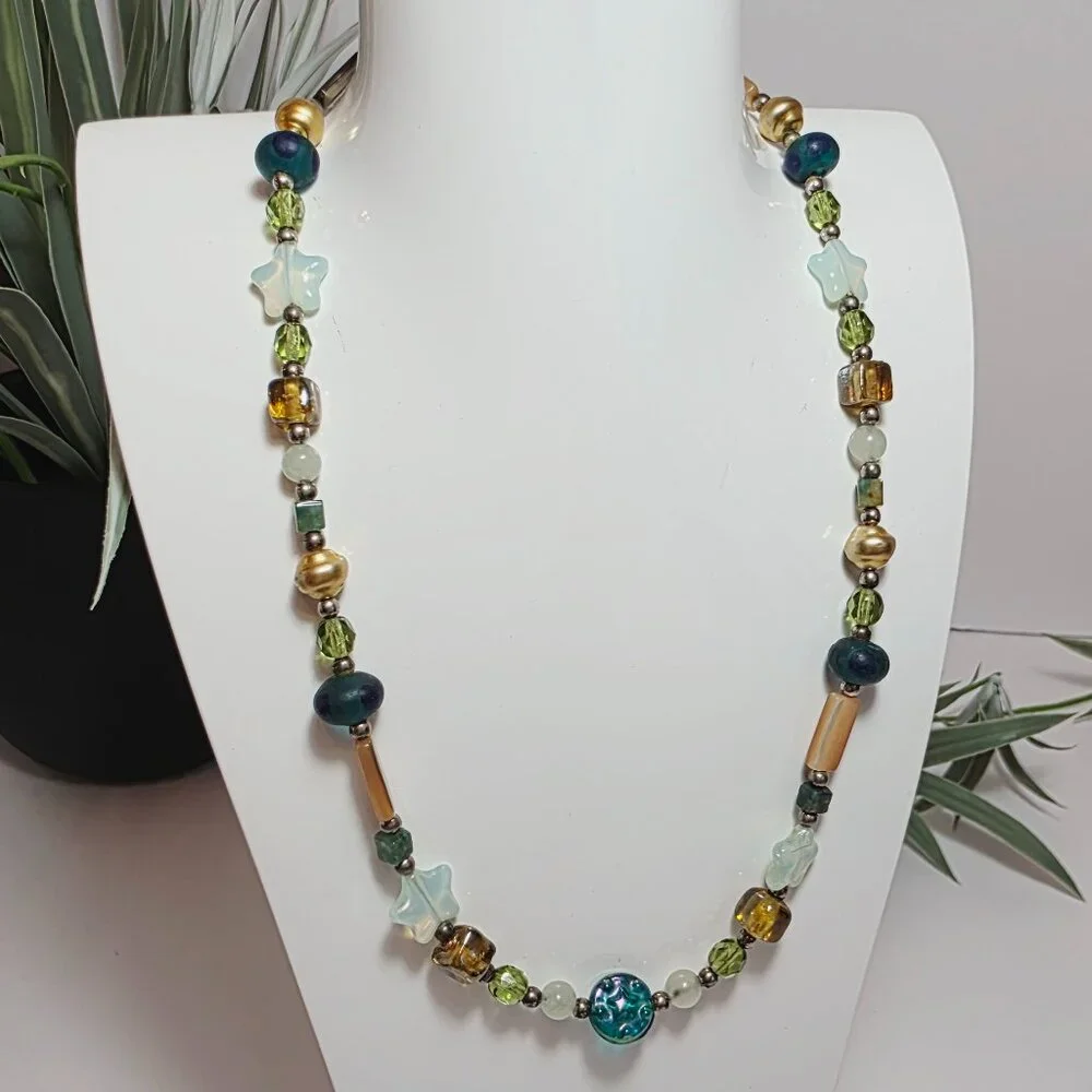 Beaded Necklace – Mixed Glass, Star Beads, Green & Gold Tones